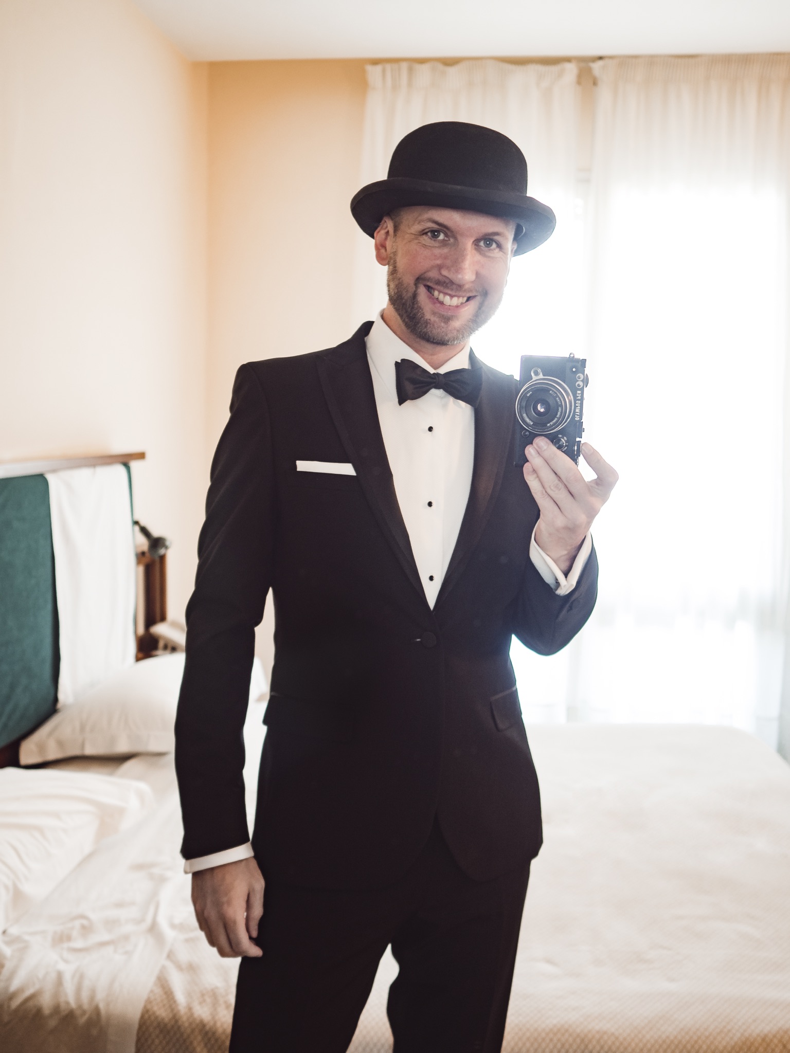 Jay McLaughlin Tuxedo Bowtie Black Tie Bowler Hat Olympus PEN-F Ravello Italy Amalfi