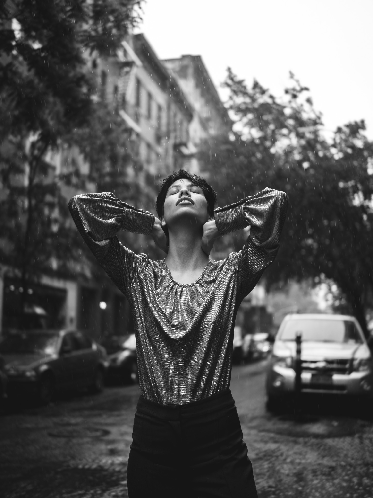 Black & White Fashion Portrait in the Rain