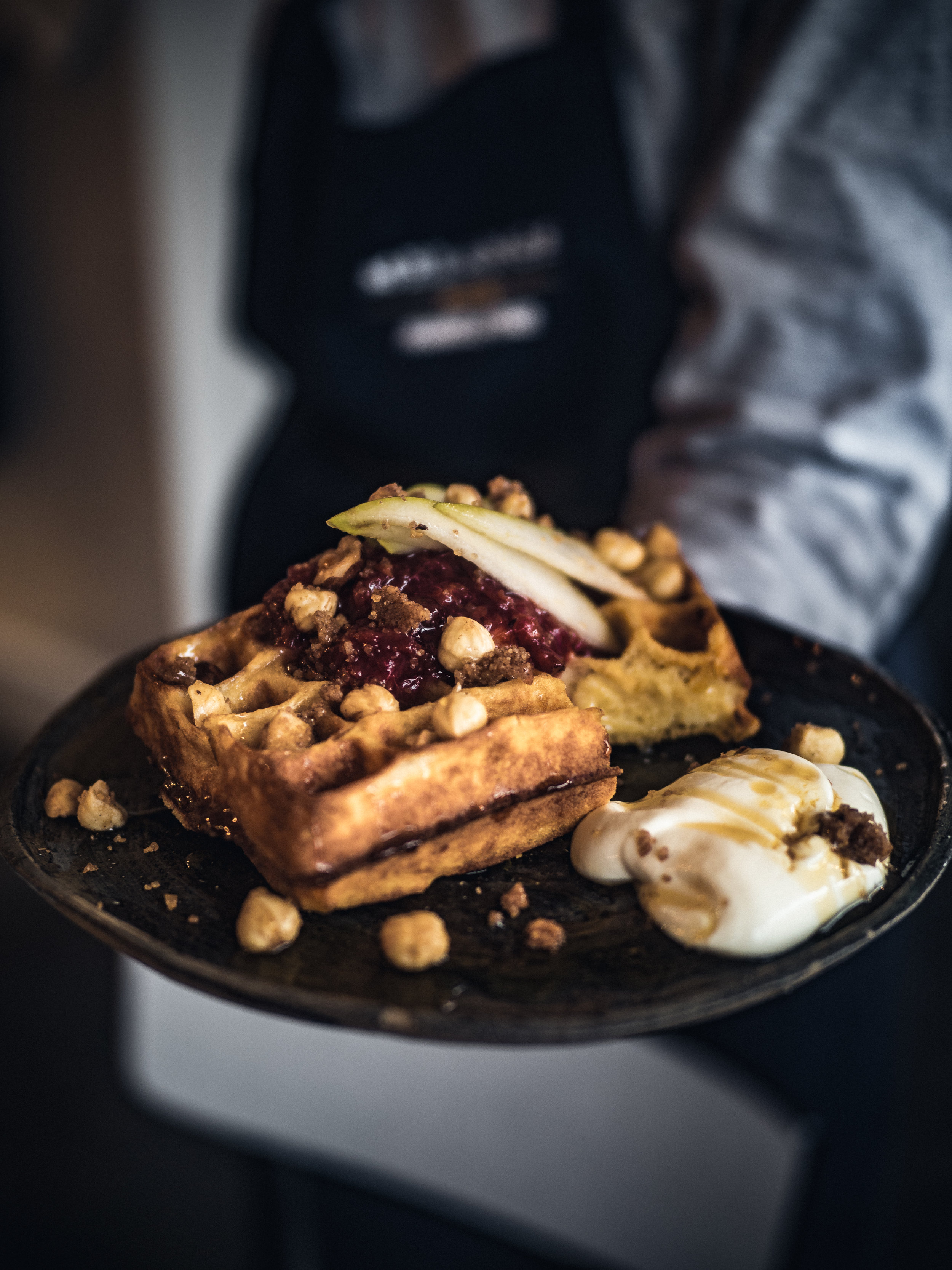 Christmas Carnivore Diet Break Carbohydrate binge Mae + Harvey Sweet Waffle with Winter Compote fresh pear and candied hazelnuts